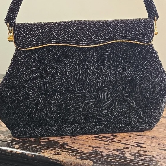 Black Beaded Vintage Handbag with Silk Interior - Picture 6 of 9